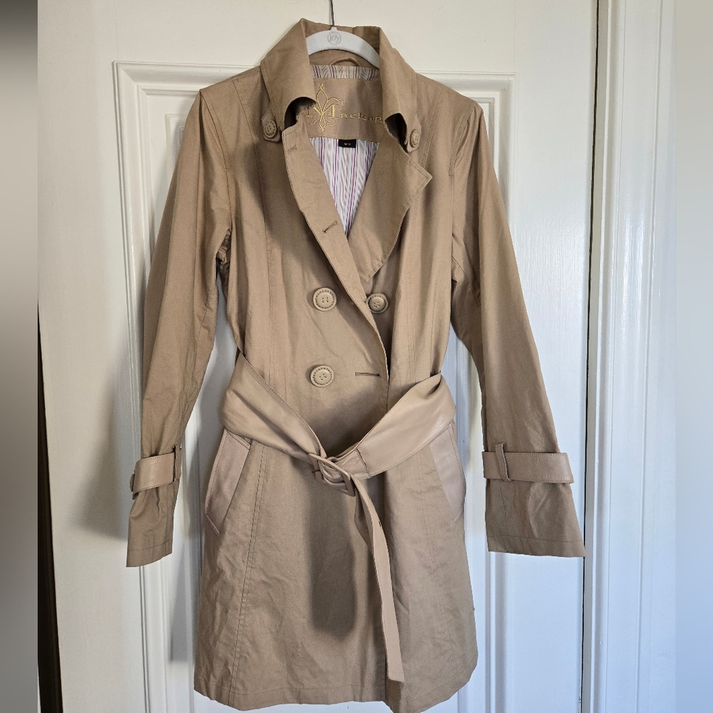 Classic Beige Trench Coat with Leather Belt and Details + Pleated Seat